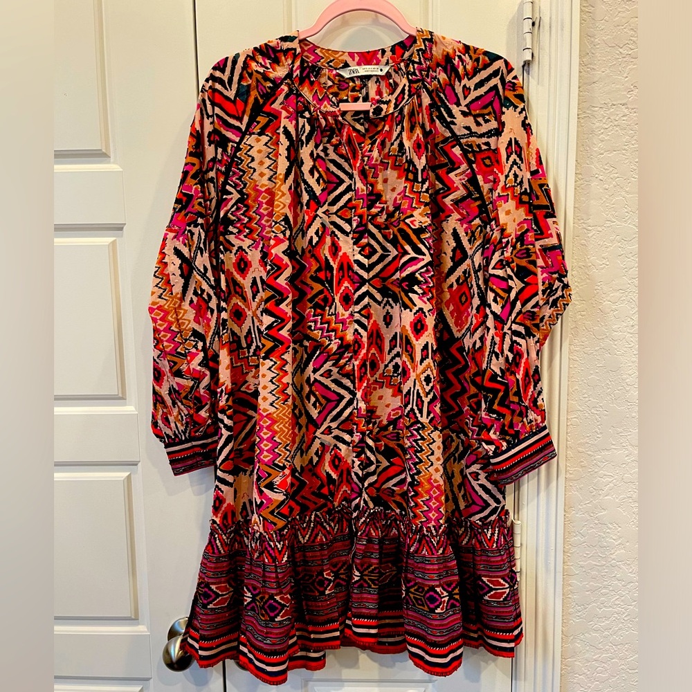 Zara Boho Button Down Geometrical Dress Size:Small Pink,Red,Black, Mini